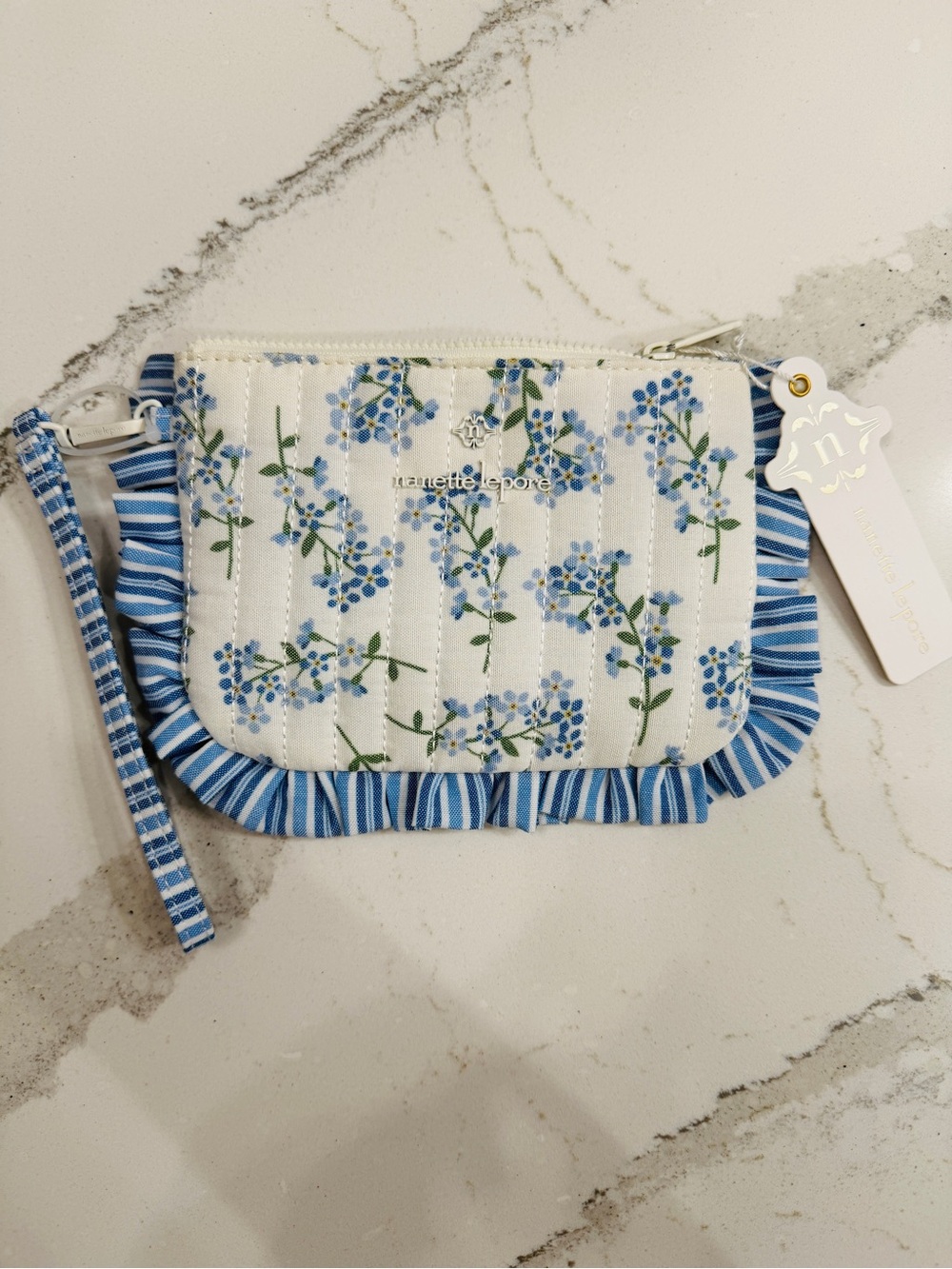 Nanette Lepore Kylee Blue Bonnet Stripe Ruffle Wristlet/Pouch Bag NWT